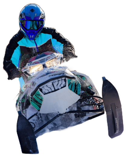 Man in full winter gear and a helmet riding on a snowmobile